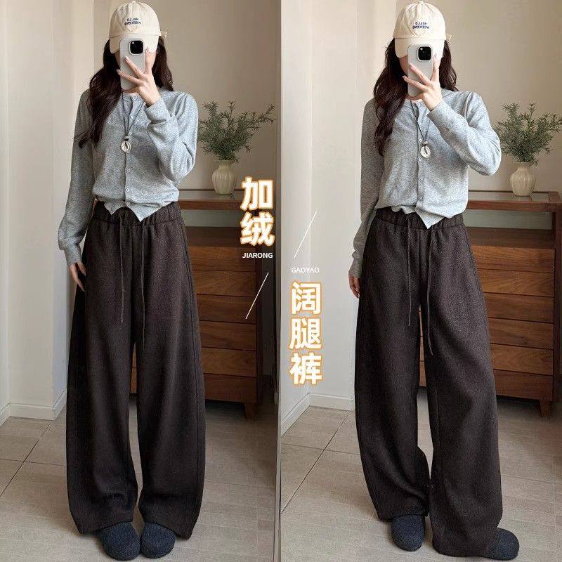 加绒美拉德棕咖色阔腿牛仔裤秋冬女2025年新款宽松显瘦高腰休闲裤