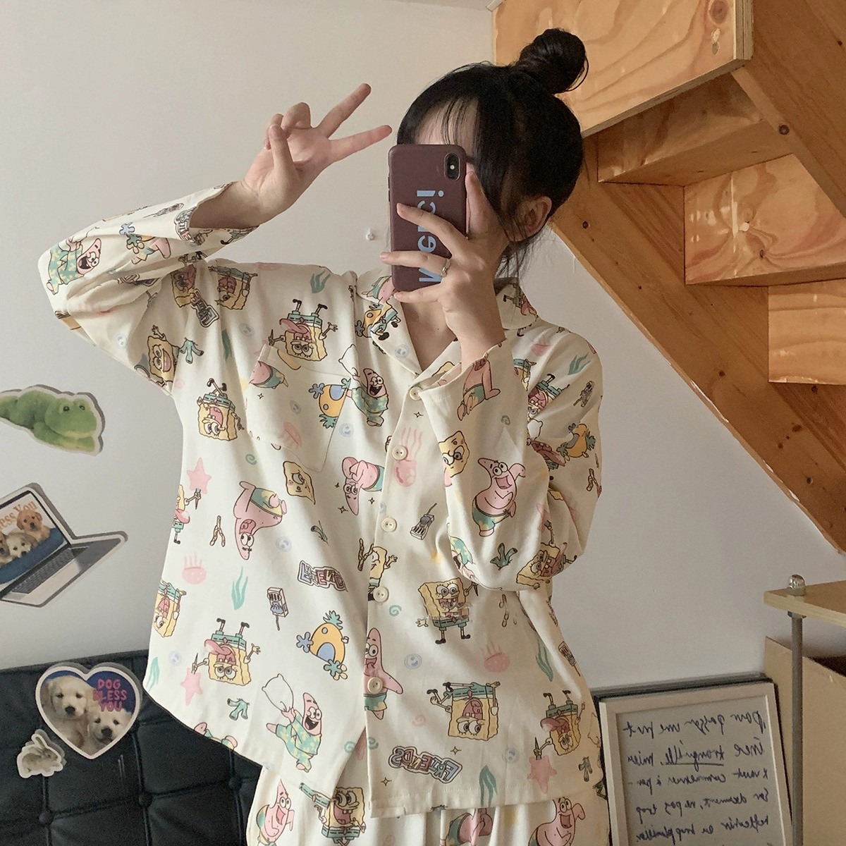 春秋睡衣女纯棉长袖卡通海绵宝宝睡衣/家居服套装