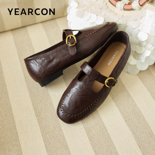 加宽版~意尔康羊皮乐福鞋女2026春季新款T型皮鞋平底单鞋大码女鞋