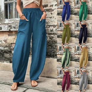 pants linen with waist hot womens high elastic pantalones