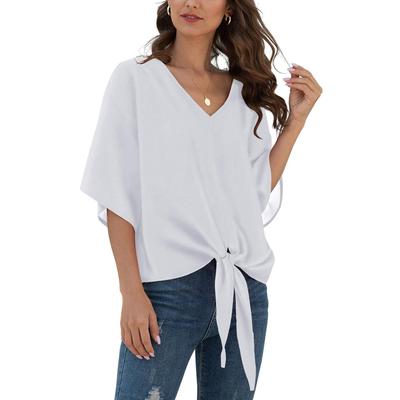 Womens Floral Tie Front Chiffon Shirt Collar Batwing Sleeve