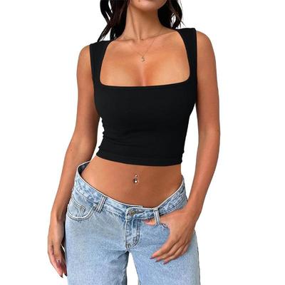 Sexy Seamless Deep Square Neck Sleeveless Navel-Exposing