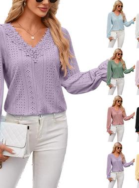 women for top T-shirt loose casual V-neck sleeve long color