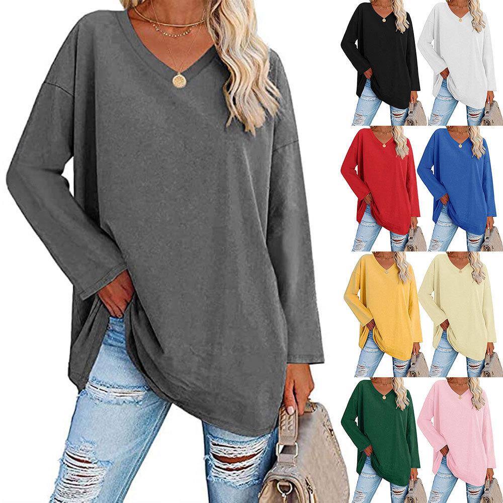 Color Shoulder Oversized Color Womens V-neck Loose T-shirt