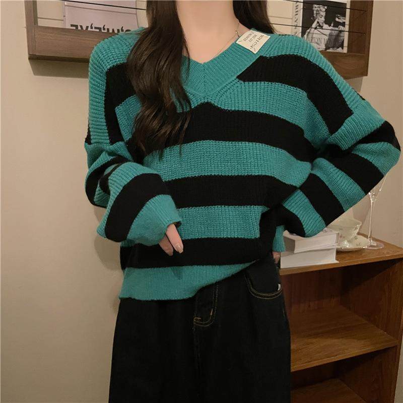 Striped V-neck sweater for women all-match top outerwear