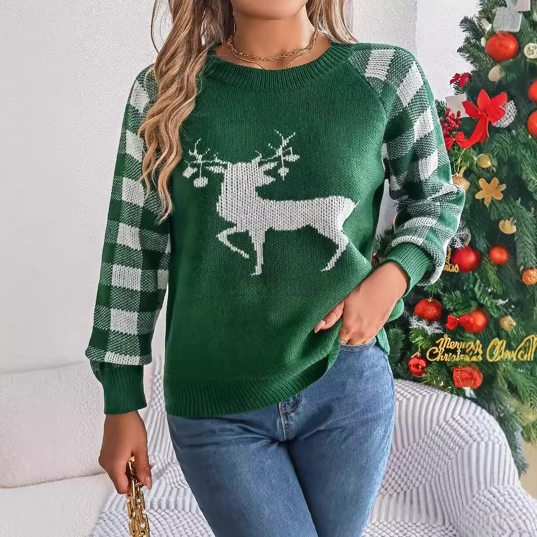 Casual Plaid Deer Long Sleeve Pullover Sweater for Women