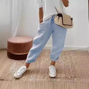 pants womens casual pants nine-point waist elastic linen