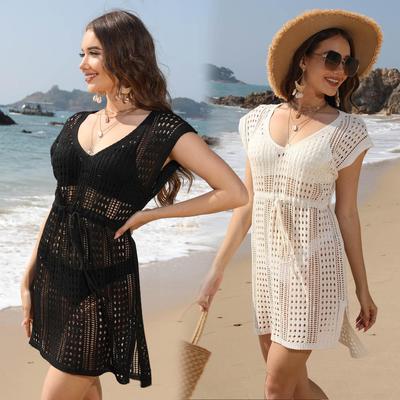 Beach Knitted Cover-up Hollow Beach Dress Drawstring Short