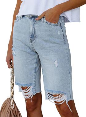 stretchy womens ripped jeans mid waist frayed hem tessles
