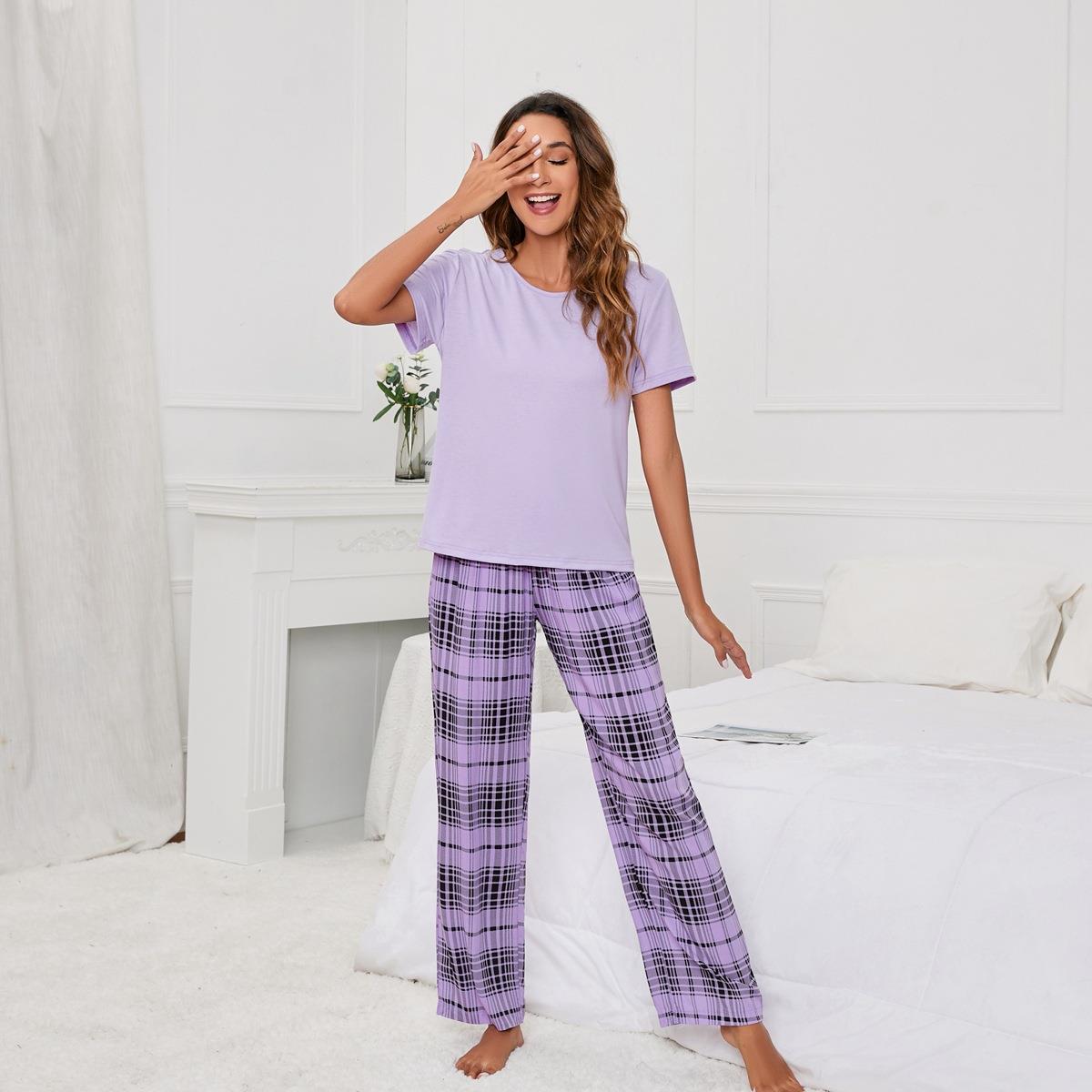 home color neck women womens suit round pajamas Solid plaid