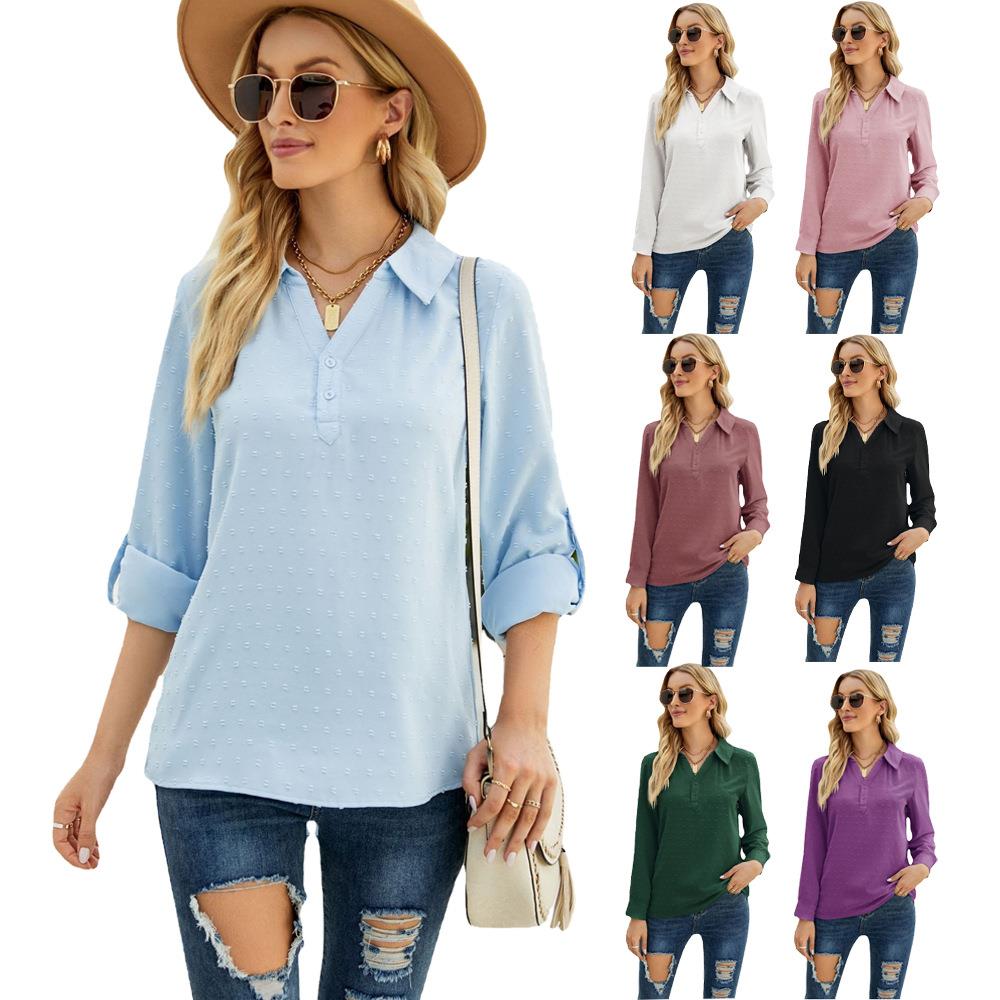 Womens Sleeve Casual Jacquard Long Shirt Fur Collar Loose