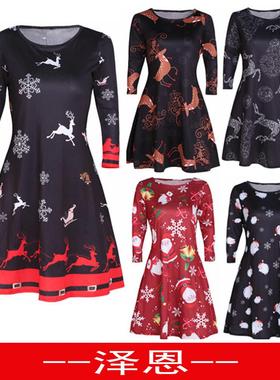 Women's Christmas style multi-flowered dress A-line skirt