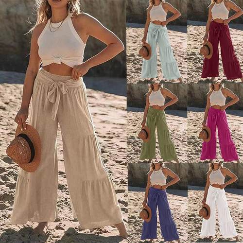Trousers Loose Color Solid Casual Pants Leg Wide Pleated