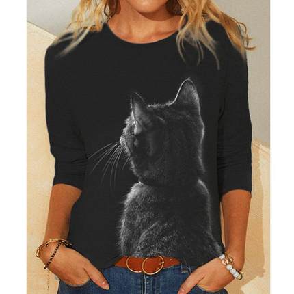 Womens T-shirt Black Cat Pullover Round Neck Long Sleeve