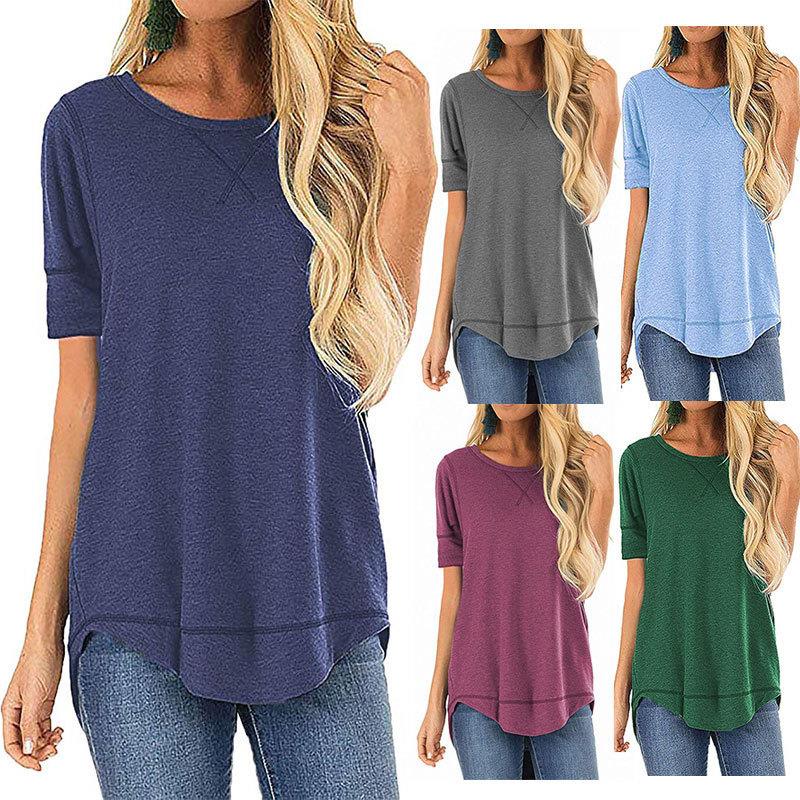 top color long T-shirt womens Short and solid neck front