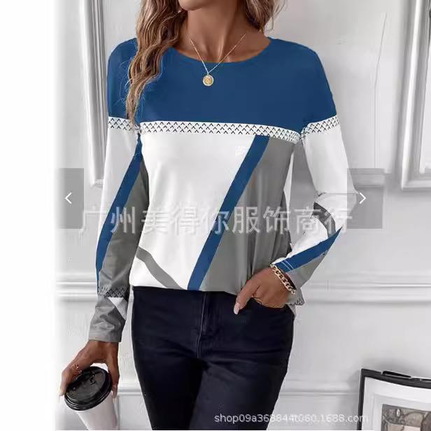 T-shirt round long digital pullover neck Womens sleeve