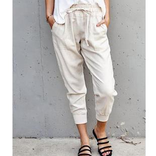Cotton and linen solid color simple lace-up casual pants