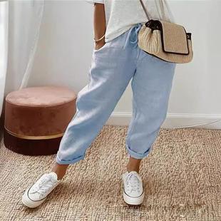 pants womens waist cotton and elastic casual linen Womens