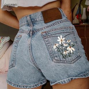 Literary womens denim shorts with multiple pockets for