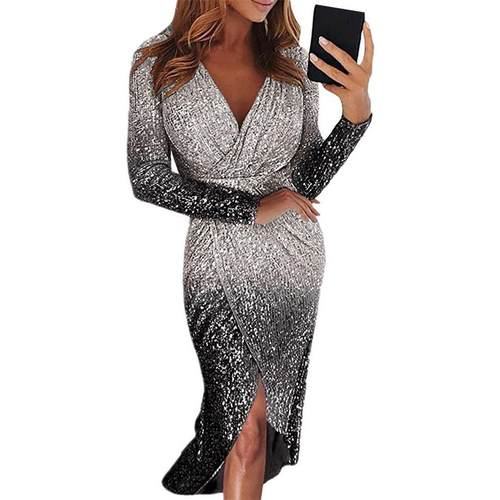 Womens long dress evening gown long sleeve gradient color