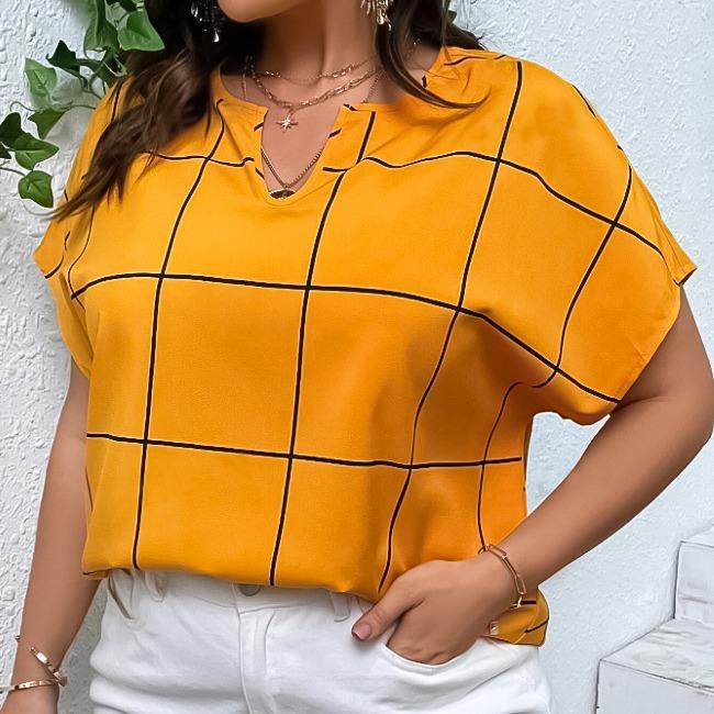 Top Bat Collar Notched Shirt Sleeve Short T-shirt Plaid