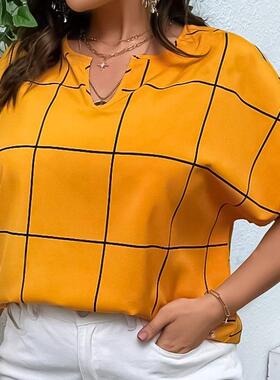 Top Bat Collar Notched Shirt Sleeve Short T-shirt Plaid