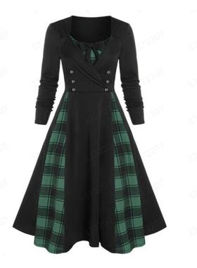 plus size vintage plaid dress women winter fashion high