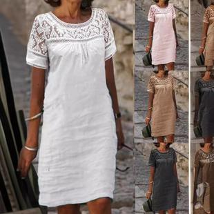 Linen Color Cotton Lace Dress Stitching Neck Solid Sleeve