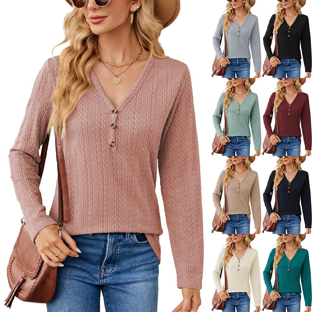Long Color Clothing V-Neck Loose T-Shirt Womens Button