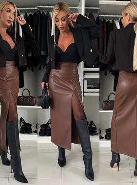 Skirt womens sexy high waist slit leather skirt