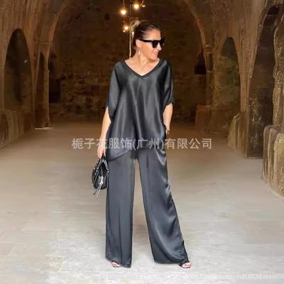suit fashion pants wide-leg top casual V-neck loose satin