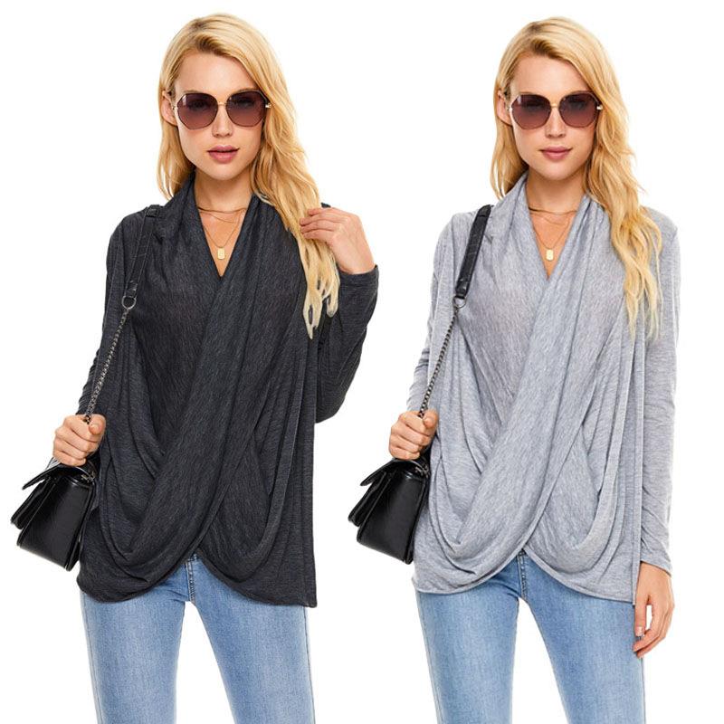 Loose temperament irregular pile collar long slim T-shirt