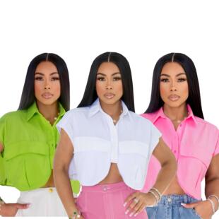 shirt cropped denim casual breasted single pockets