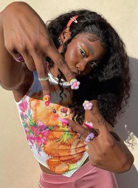 bear girl vest style cute top backless neck INS fit Hot