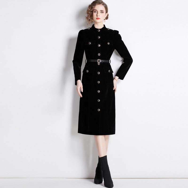 Black velvet trench coat for women stand collar slim fit