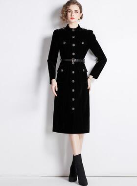 Black velvet trench coat for women stand collar slim fit