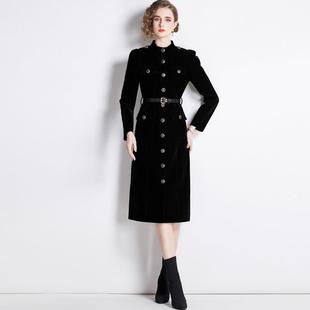 Black velvet trench coat for women stand collar slim fit