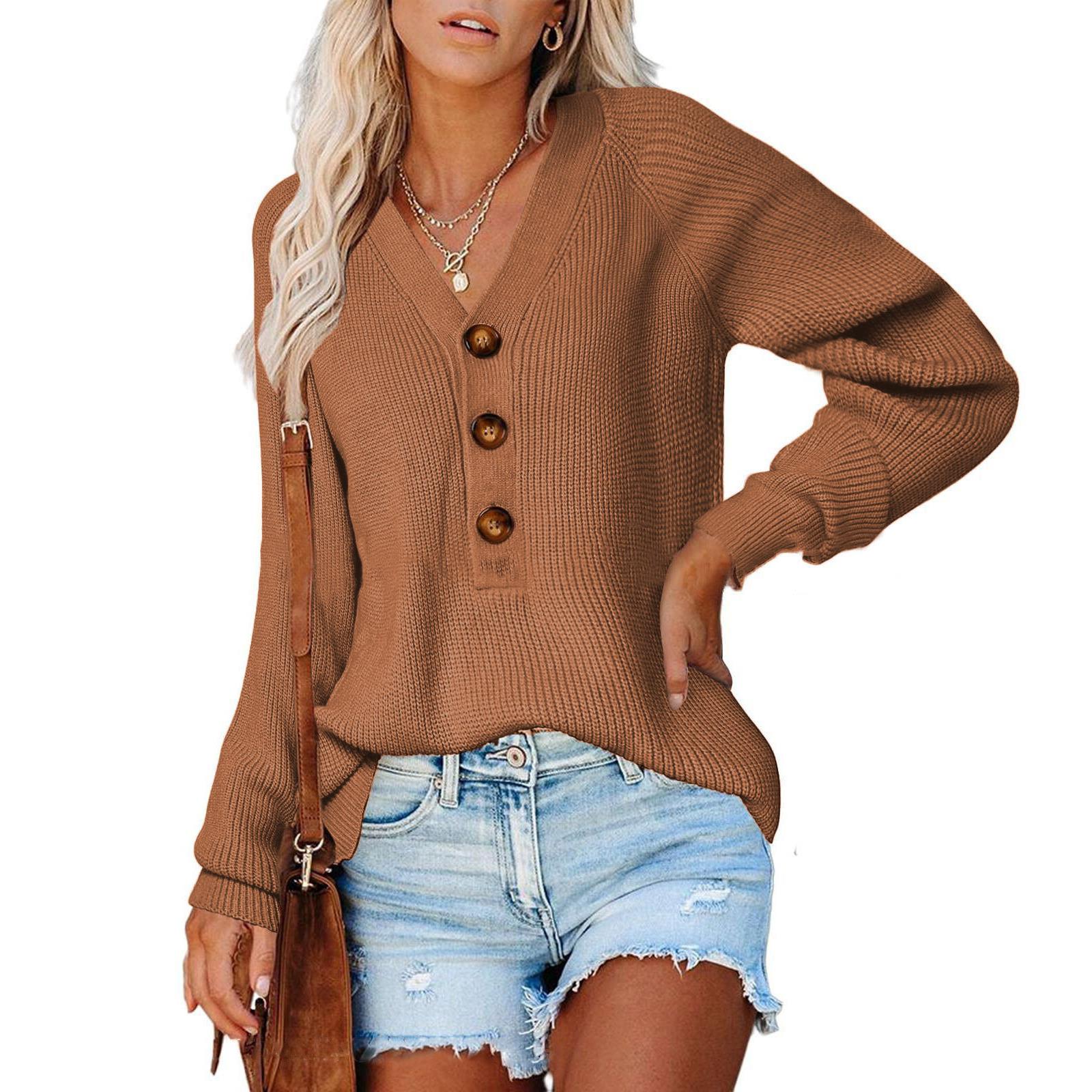 Multicolor Knitted V Button Color Women Neck Sweater Solid