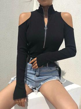 black white grey off shoulder shirt women cotton turtleneck
