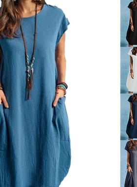 women for dress pocket color solid casual loose linen and