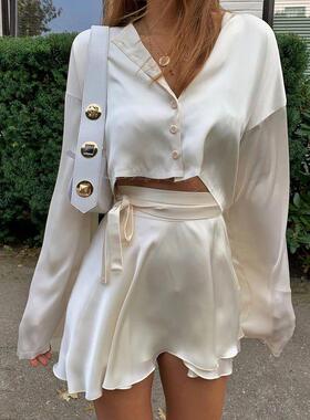 suit skirt tie waist high top cardigan button long-sleeved