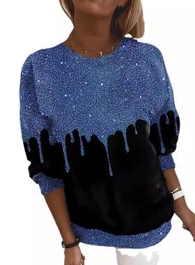 Women Tops Casual Loose Top Sleeve Long Neck Round Tie-Dye