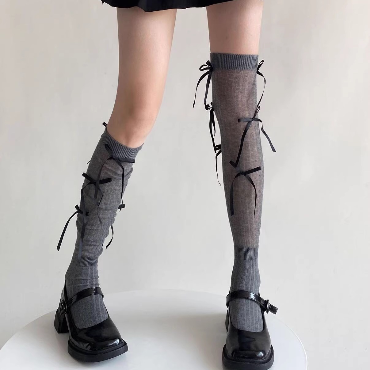 芭蕾风飘带蝴蝶结过膝袜女春秋小众拼接学院风jk堆堆袜甜美小腿袜