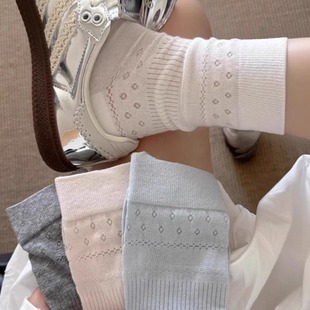 ins潮透气无骨甜美百搭中筒月子袜 奶油系堆堆袜女夏镂空小花薄款