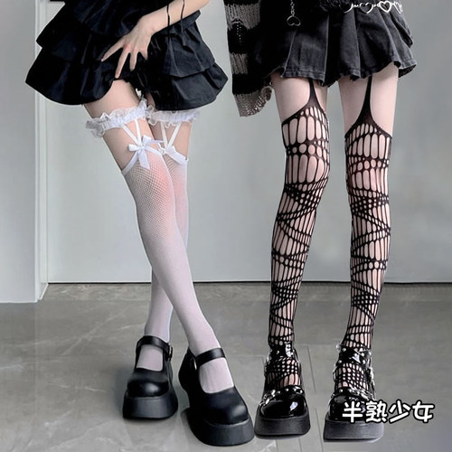 黑色吊带袜性感蕾丝蝴蝶结过膝