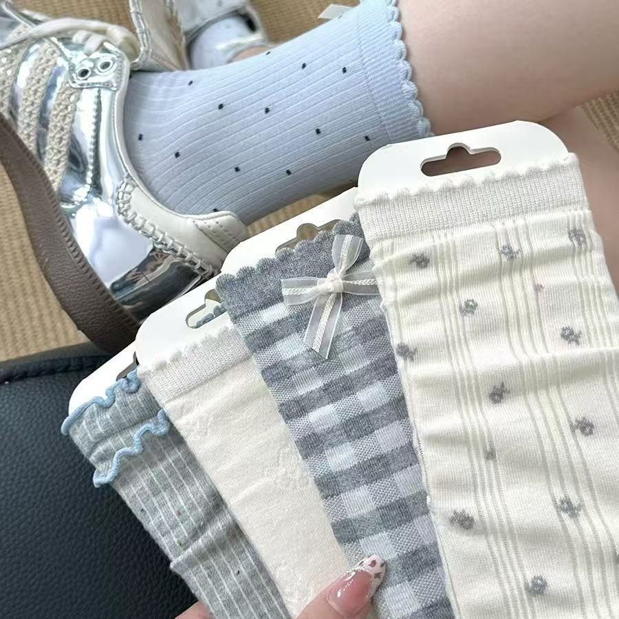 蓝灰系设计感格子蝴蝶结袜子女韩系甜美少女风双木耳边jk中筒袜潮