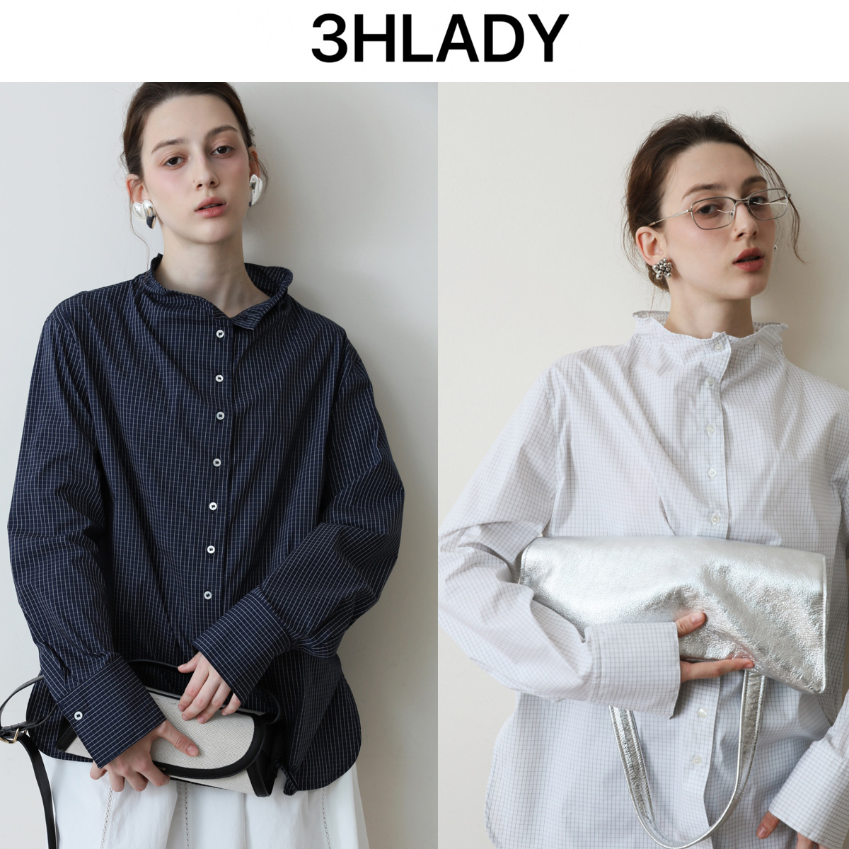 3HLADY | 记忆支撑木耳边领口 小格纹学院风宽松风格中长衬衣