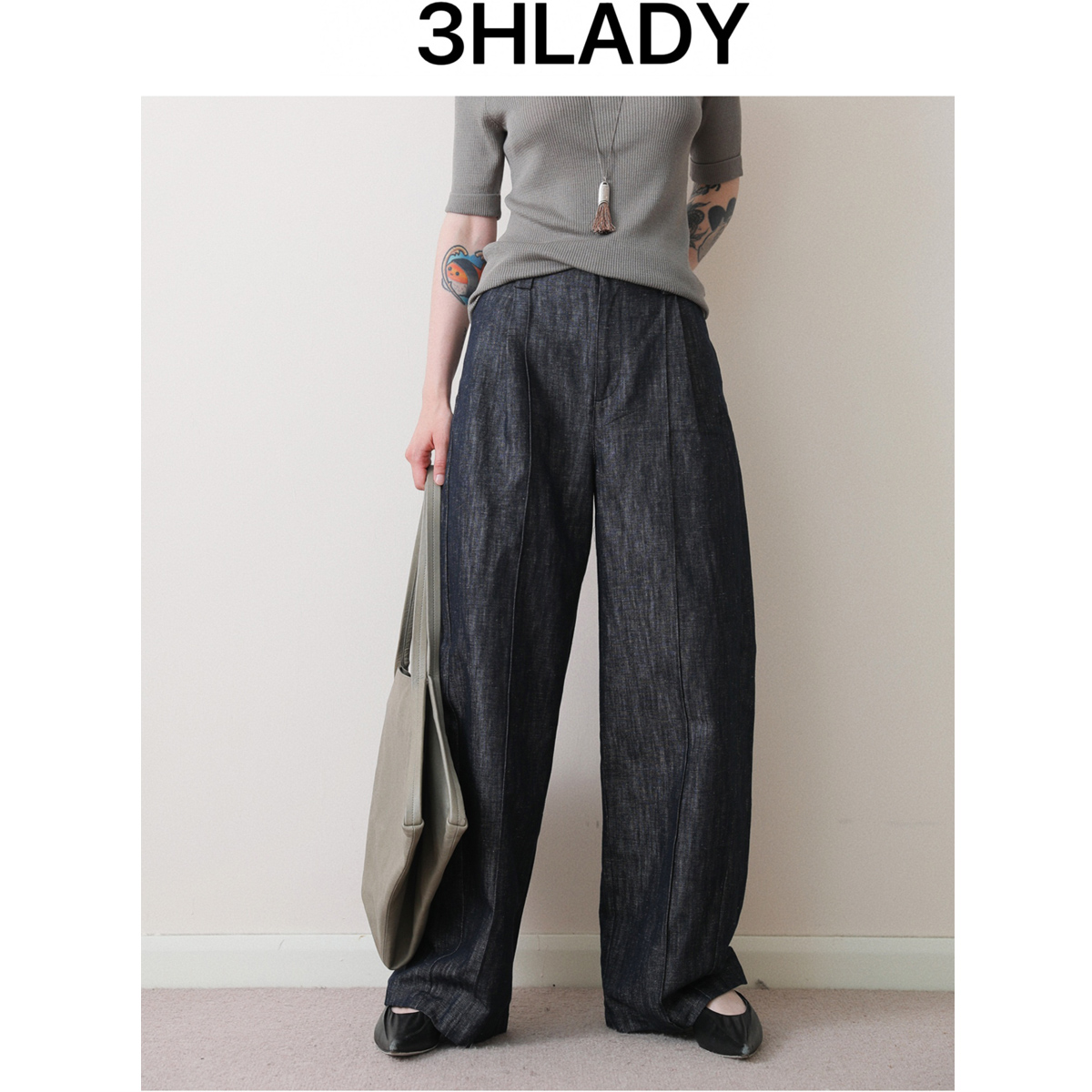 3HLADY| 25早秋 环保有机面料 雪花墨水蓝黑牛仔锥形裤阔腿裤