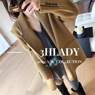 3HLADY 笈简时髦 进口强缩羊毛双面呢 烟草黄双排扣外套大衣