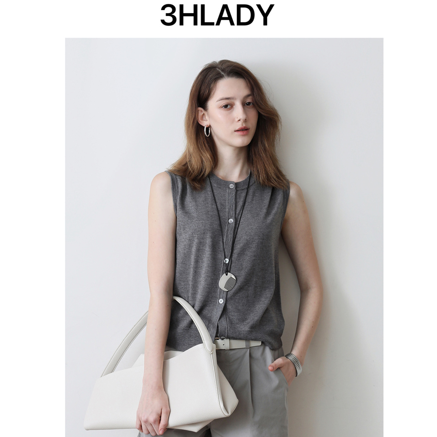 3HLADY 休闲舒爽 含真丝羊毛老钱风 排扣设计针织马甲背心